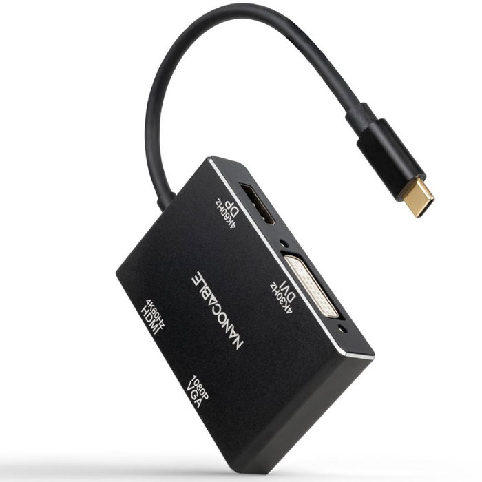 Nanocable Conversor USB-C a HDMI, DVI, DP y VGA, 10 cm, Negro